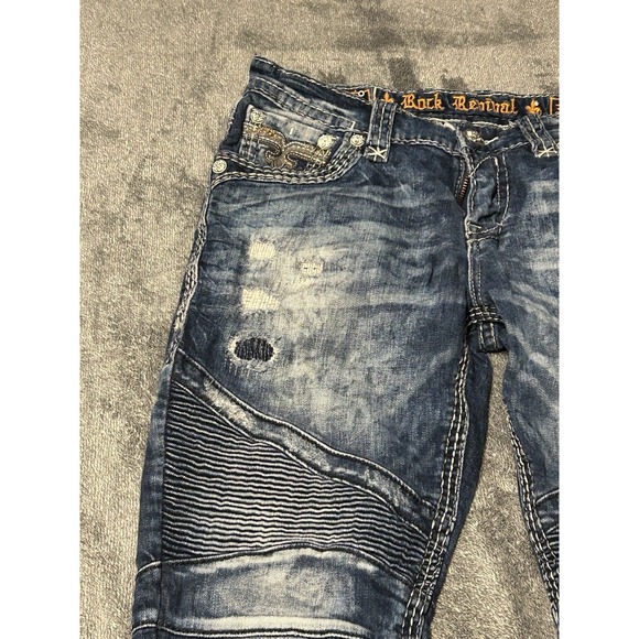 Rock Revival Jeans Men's Size 33 X 30 Rodrigo Biker Blue Embellished Distressed - Picture 10 of 16